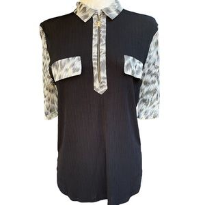 Vintage Japanese Women's Top Blouse Collared Placket Leopard Black Gold